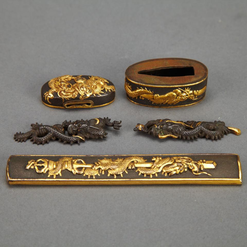 Associated Suite of Japanese Parcel Gilt Bronze Sword Fittings, 19th Century