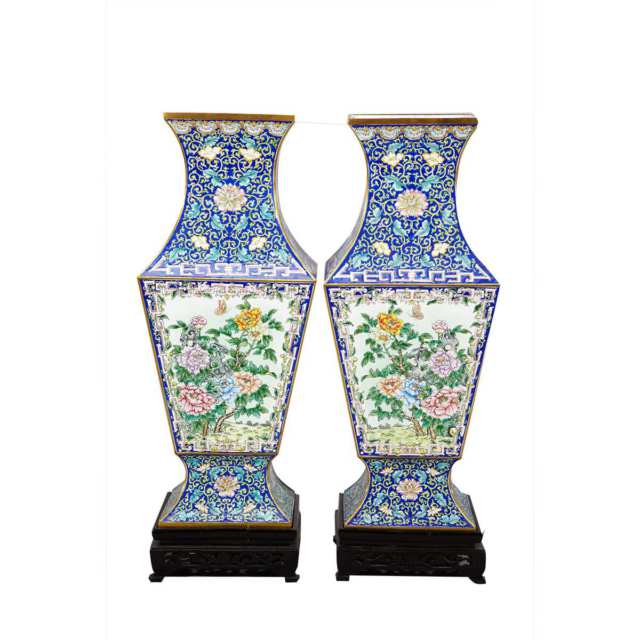 Pair of Large Canton Enamel Faceted Vases