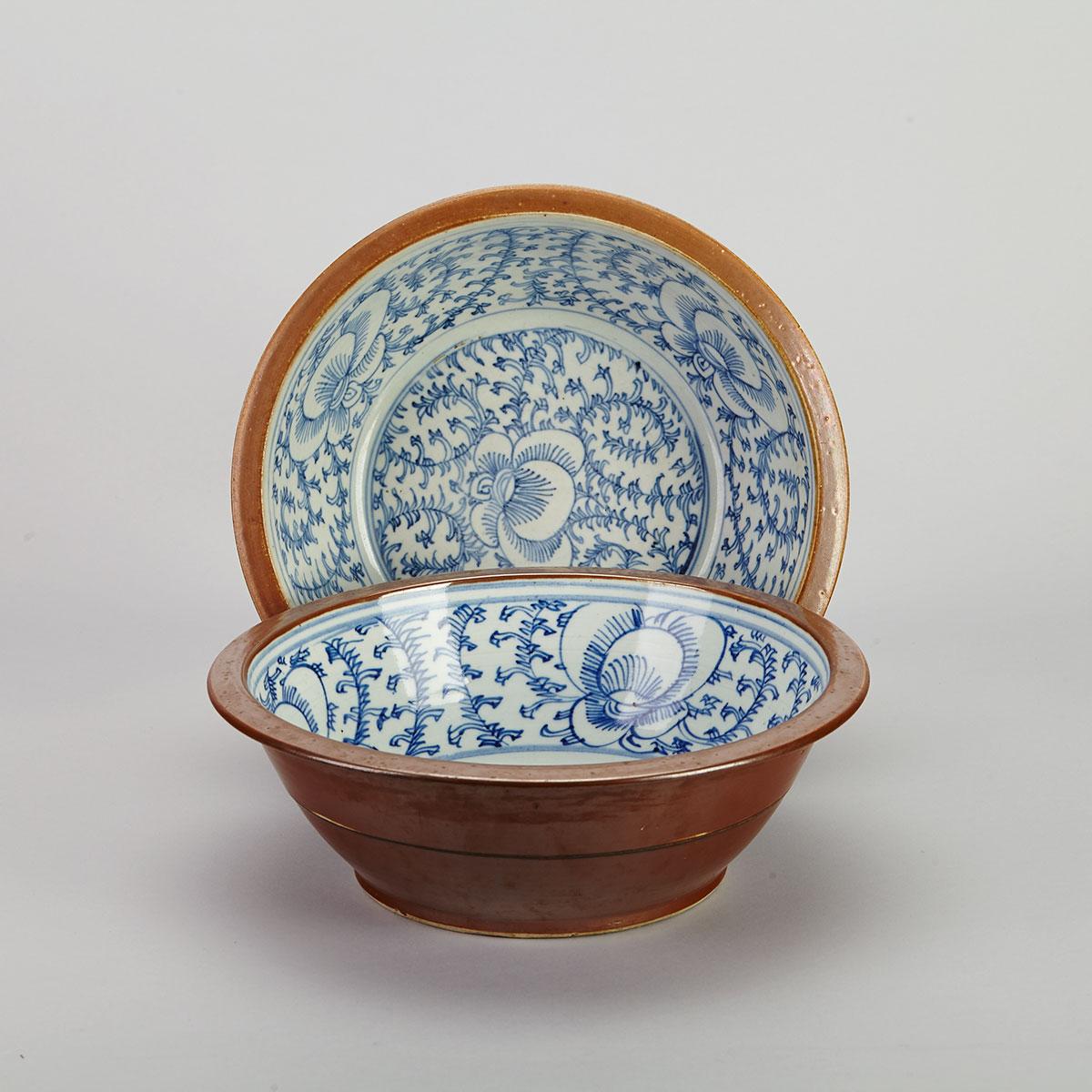Pair Large Blue and White Basins, 19th Century