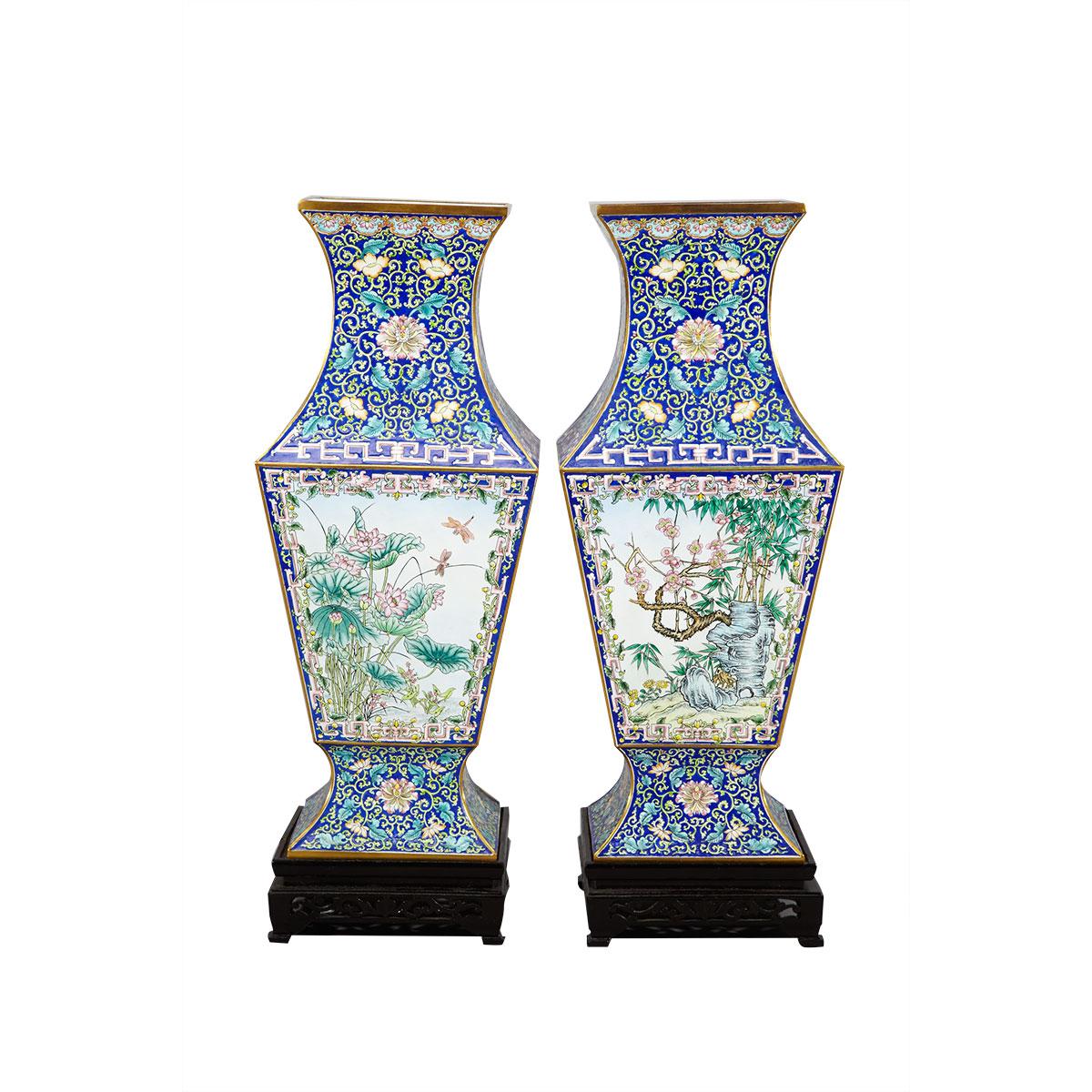 Pair of Large Canton Enamel Faceted Vases