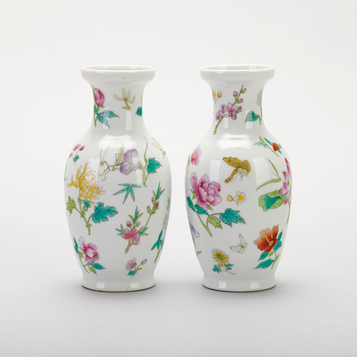 Pair Famille Rose ‘Insect and Floral’ Baluster Vases, Qianlong Mark, Mid-20th Century