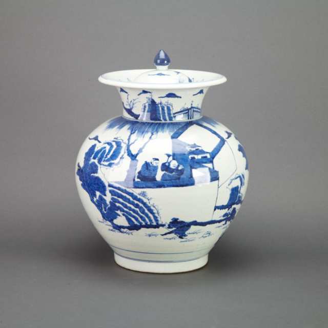 Large Blue and White Covered Jar