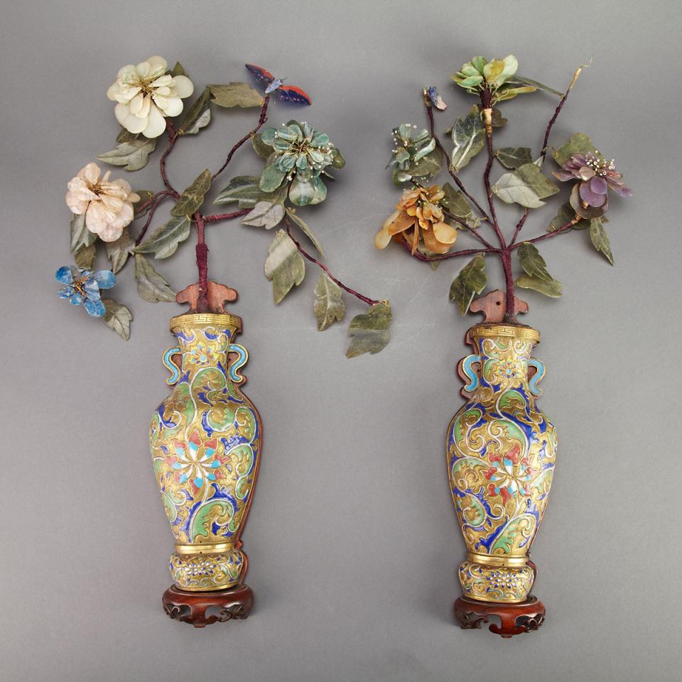 Pair of Cloisonné Enamel and Hardstone Wall Vases 
