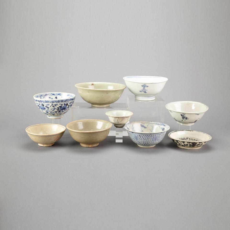 Group of Ten Assorted Porcelain Bowls and Dishes, South East Asia, 14th to 17th Century