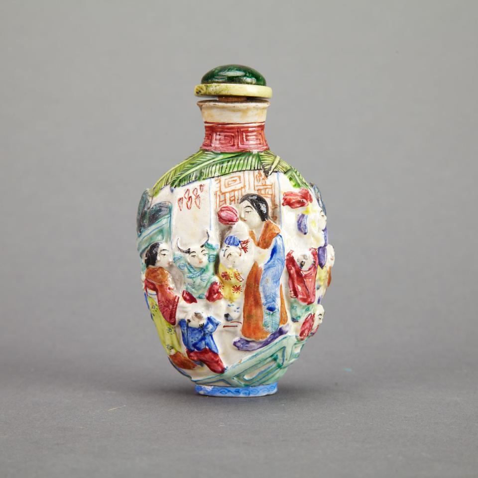 Moulded Famille Rose Snuff Bottle, Qianlong Mark, 19th Century