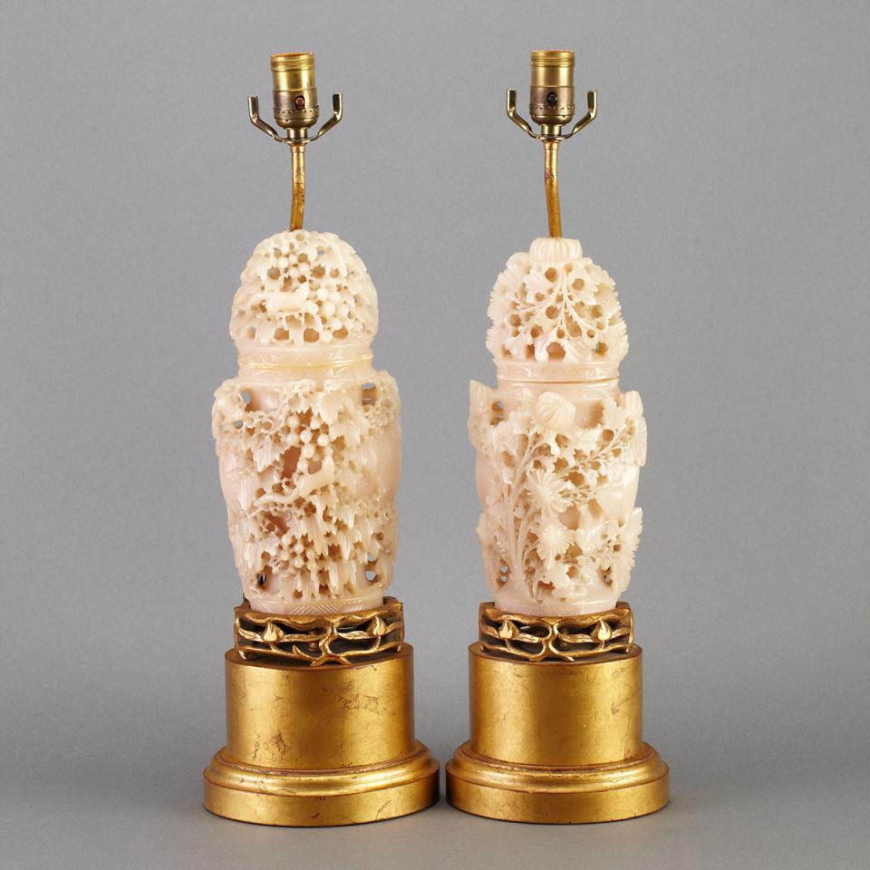 Pair of Carved Hardstone Baluster Vases and Covers