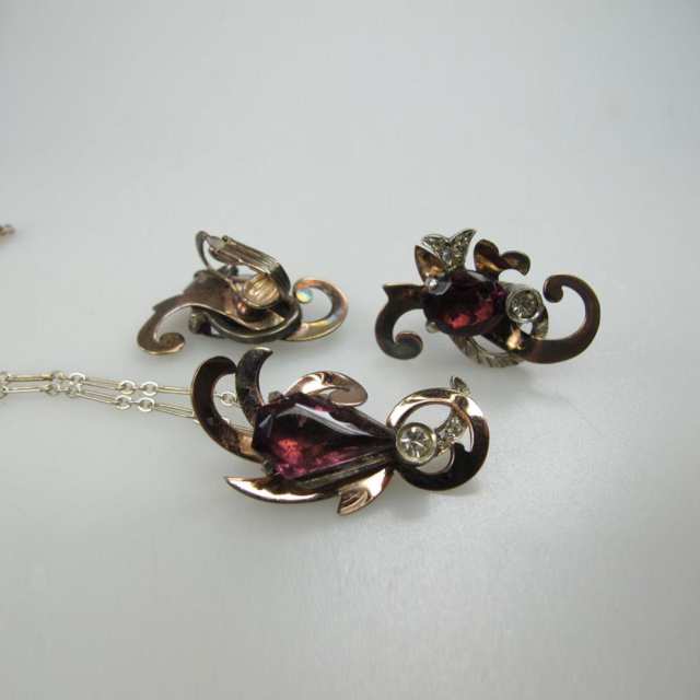 Vintage Sterling Silver Rose And Silver Tone Spray Brooch, Pendant And Earrings