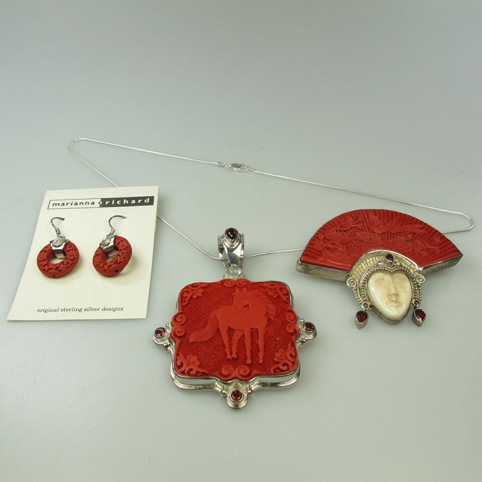 Sajen Sterling Silver Brooch/Pendant, Pendant, Chain And Drop Earrings