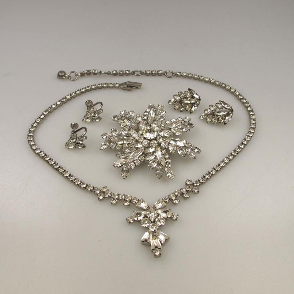 Sherman Silver Tone Metal Necklace, Brooch And 2 Pairs Of Earrings