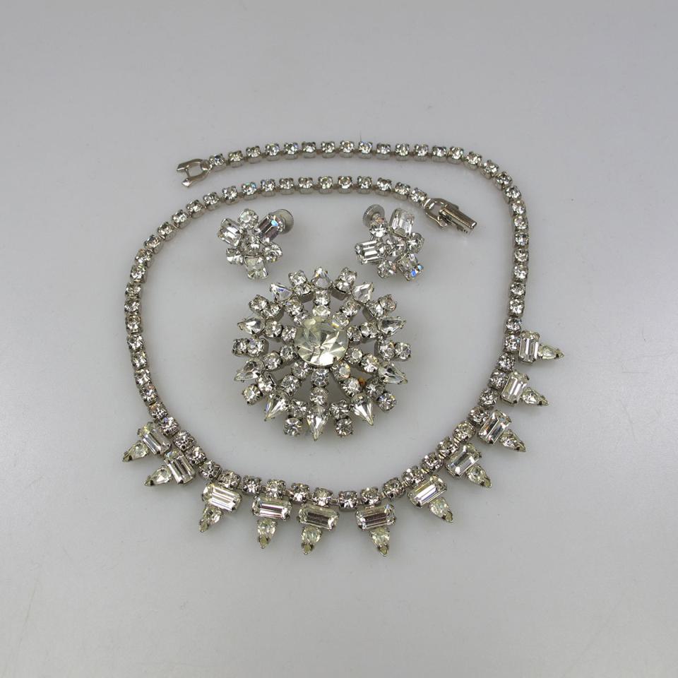 Sherman Silver Tone Metal Necklace, Brooch And Earrings