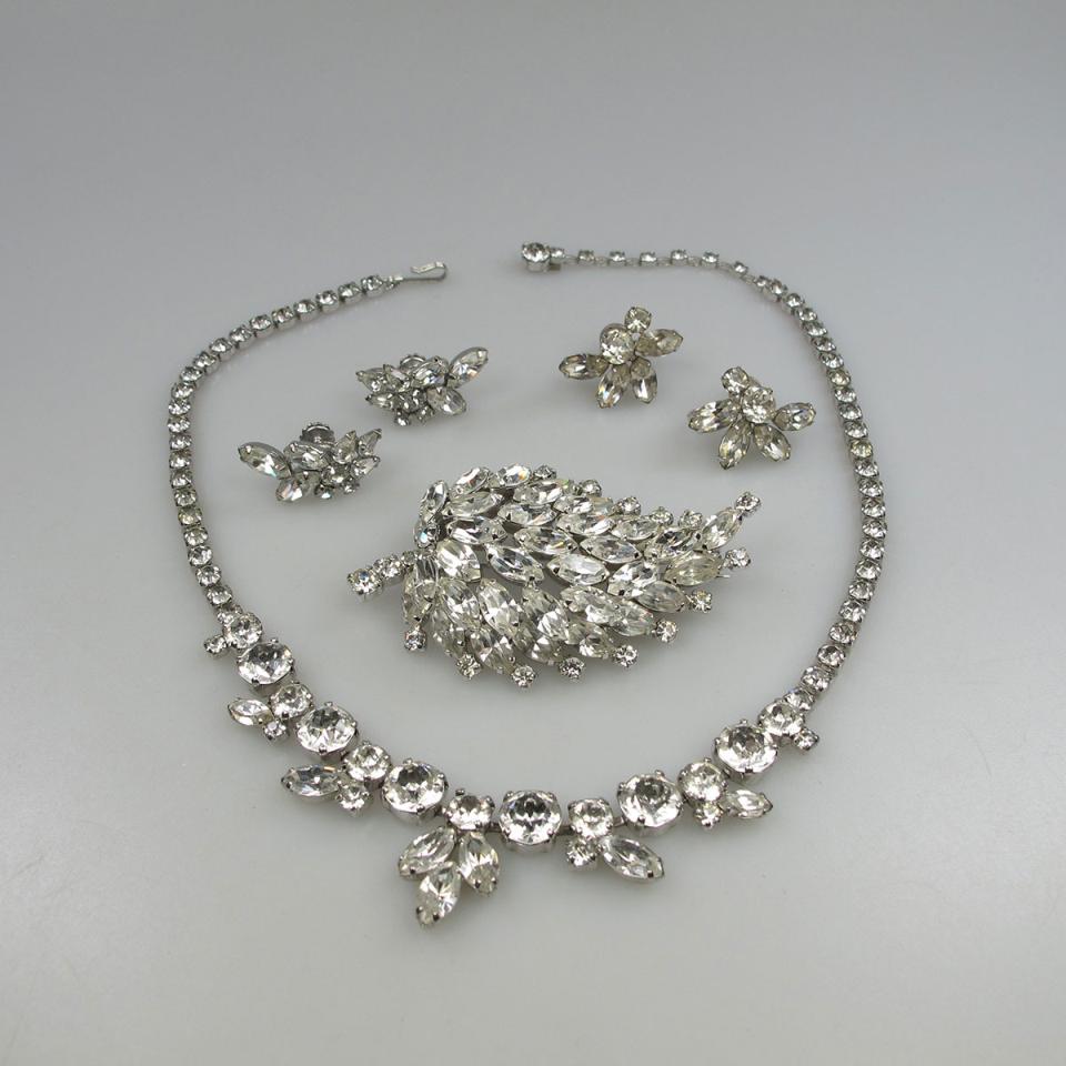 Sherman Silver Tone Metal Necklace, Brooch And 2 Pairs Of Earrings