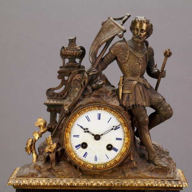 French Patinated, Gilt Bronze and Belgian Marble Figural Mantel Clock, c. 1880