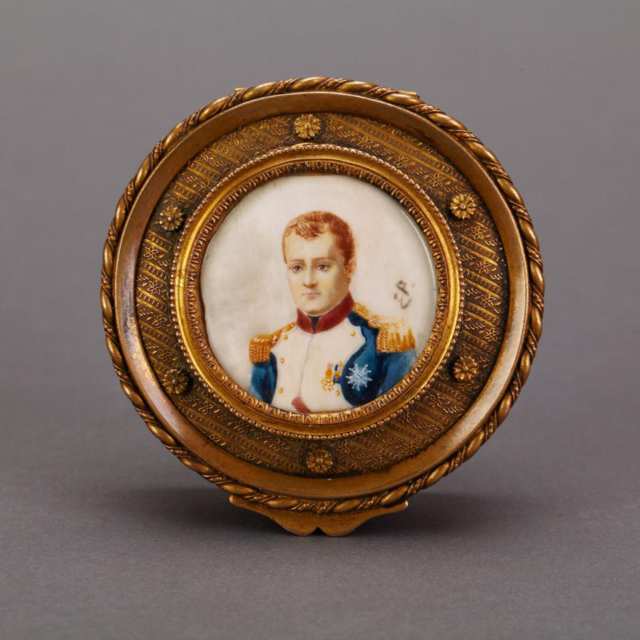 French Gilt Brass Dresser Box with Portrait Miniature of Napoleon, late 19th century