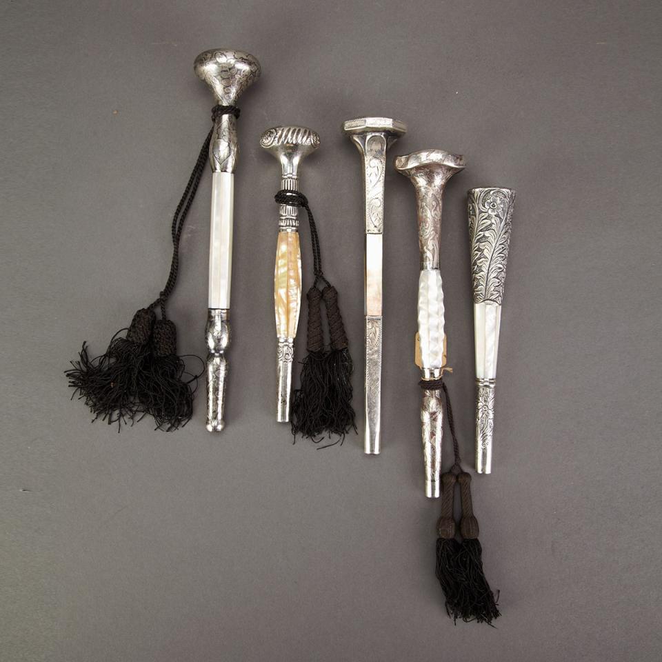 Group of Five American Silver and Abalone Parasol Handles, c.1890