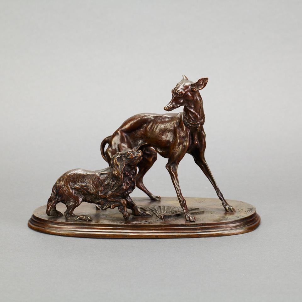 Patinated Bronze Group of a Whippet and a King Charles Spaniel, after Pierre Jules Mêne, (French, 1810-1879)