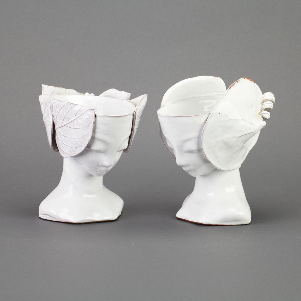 Pair of Continental White Glazed Terracotta Head-Form Vases, 20th century