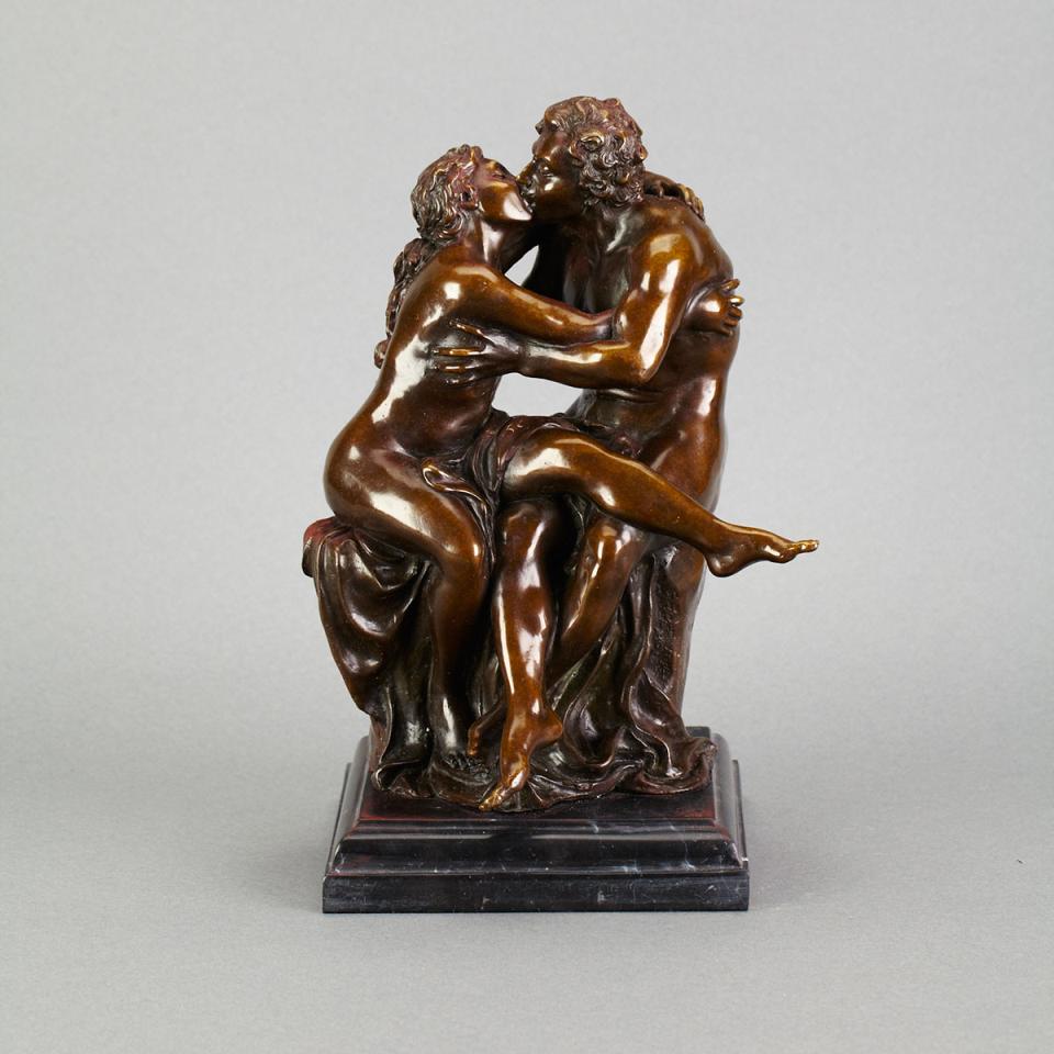 Patinated Bronze Group of a Young Couple in Nude Embrace, 20th century