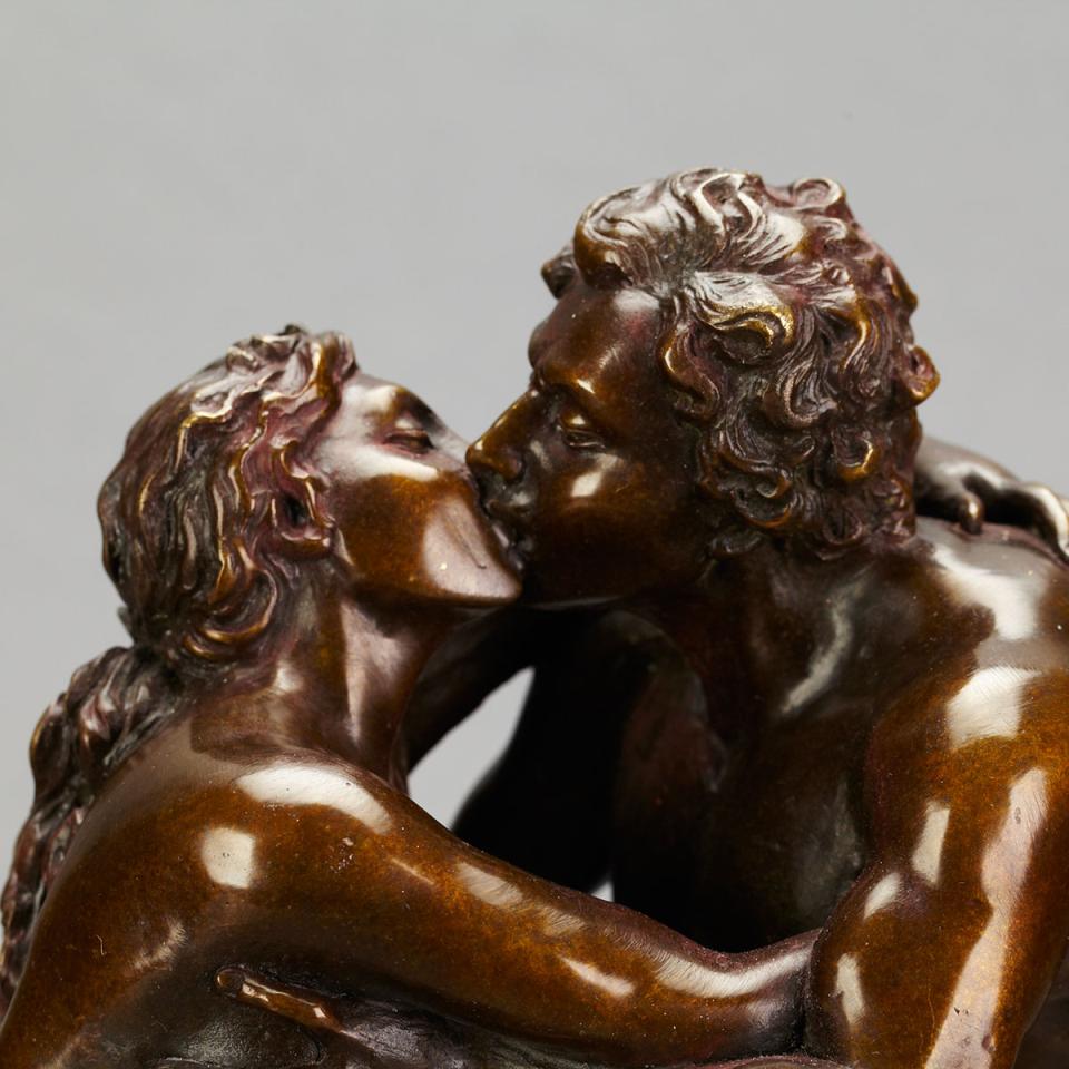 Patinated Bronze Group of a Young Couple in Nude Embrace, 20th century