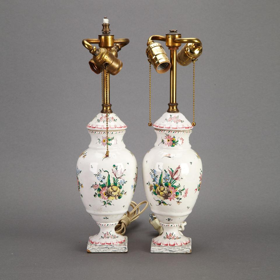 Pair of French Faience Urn-Form Table Lamps, 20th century