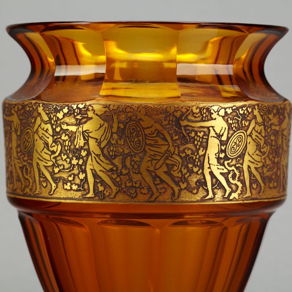 Moser Acid-Etched and Gilt Amber Glass Vase, 1920’s
