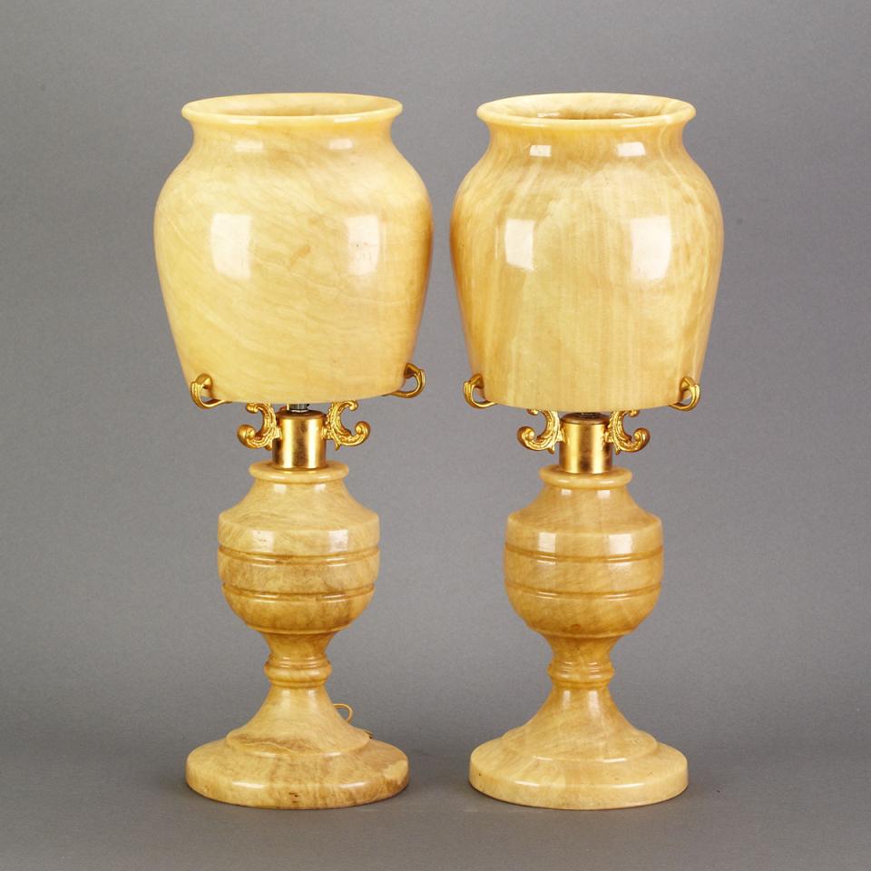 Pair of Greek Turned Onyx Table Lamps, mid 20th century