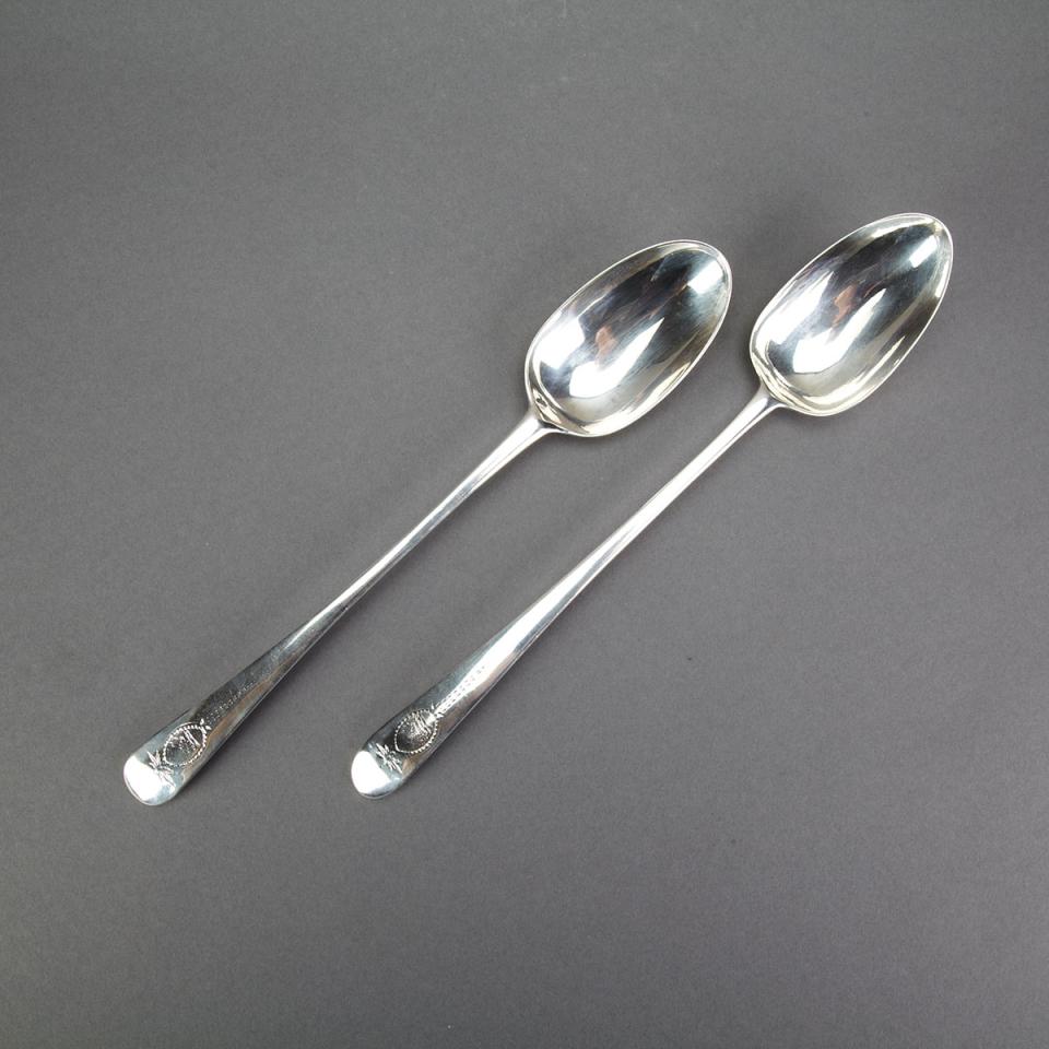 Pair of George III Irish Silver Bright-Cut Serving Spoons, William Ward, Dublin, 1777/86