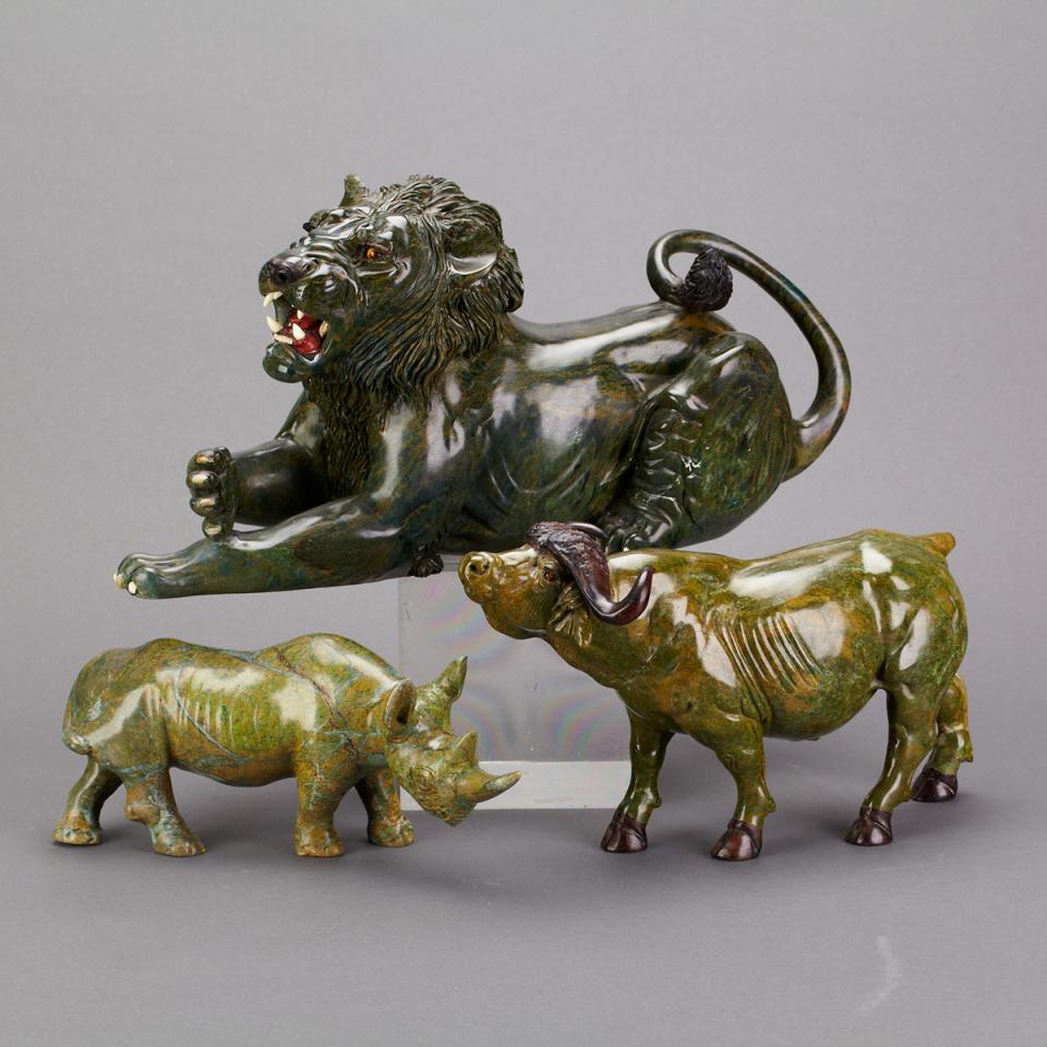 Group of Three Carved Verdite Animals, South Africa, mid 20th century