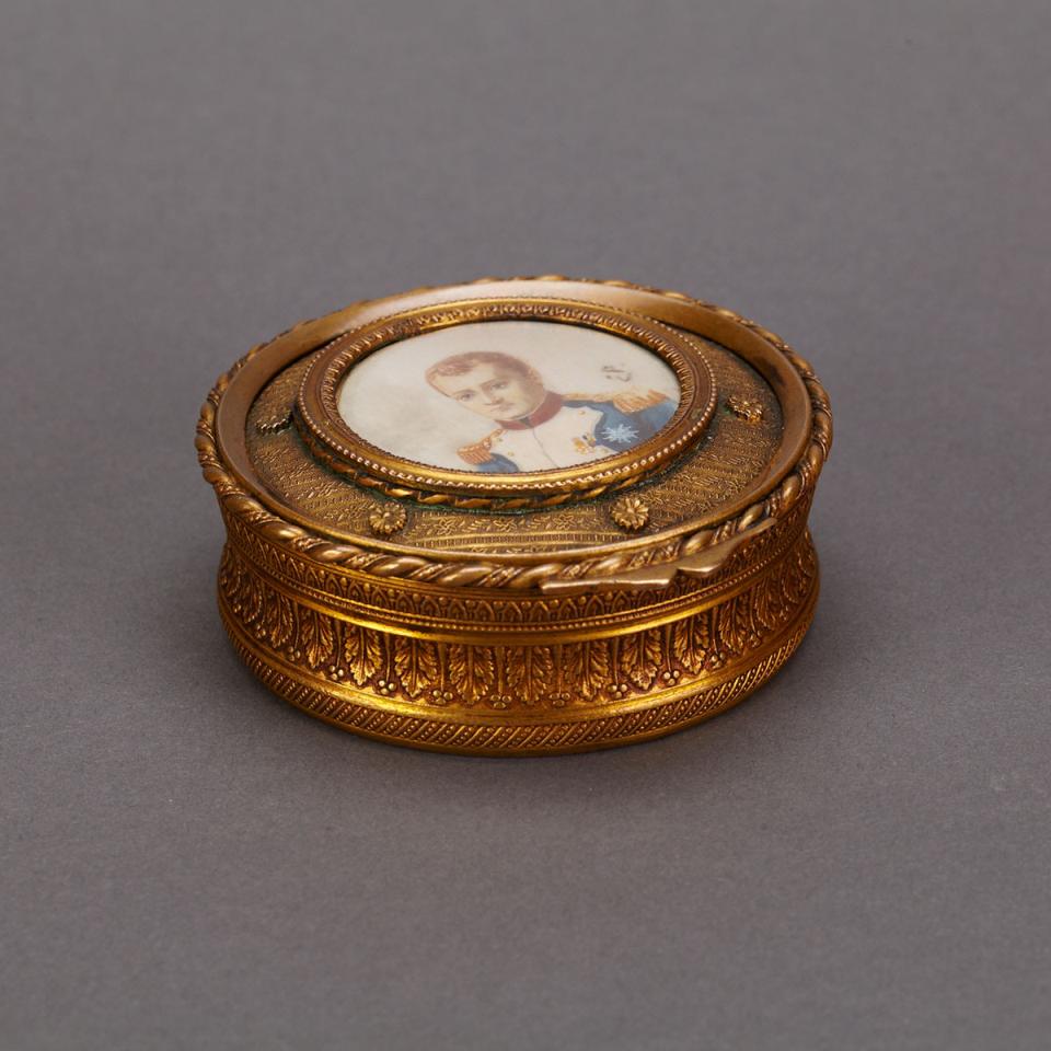 French Gilt Brass Dresser Box with Portrait Miniature of Napoleon, late 19th century