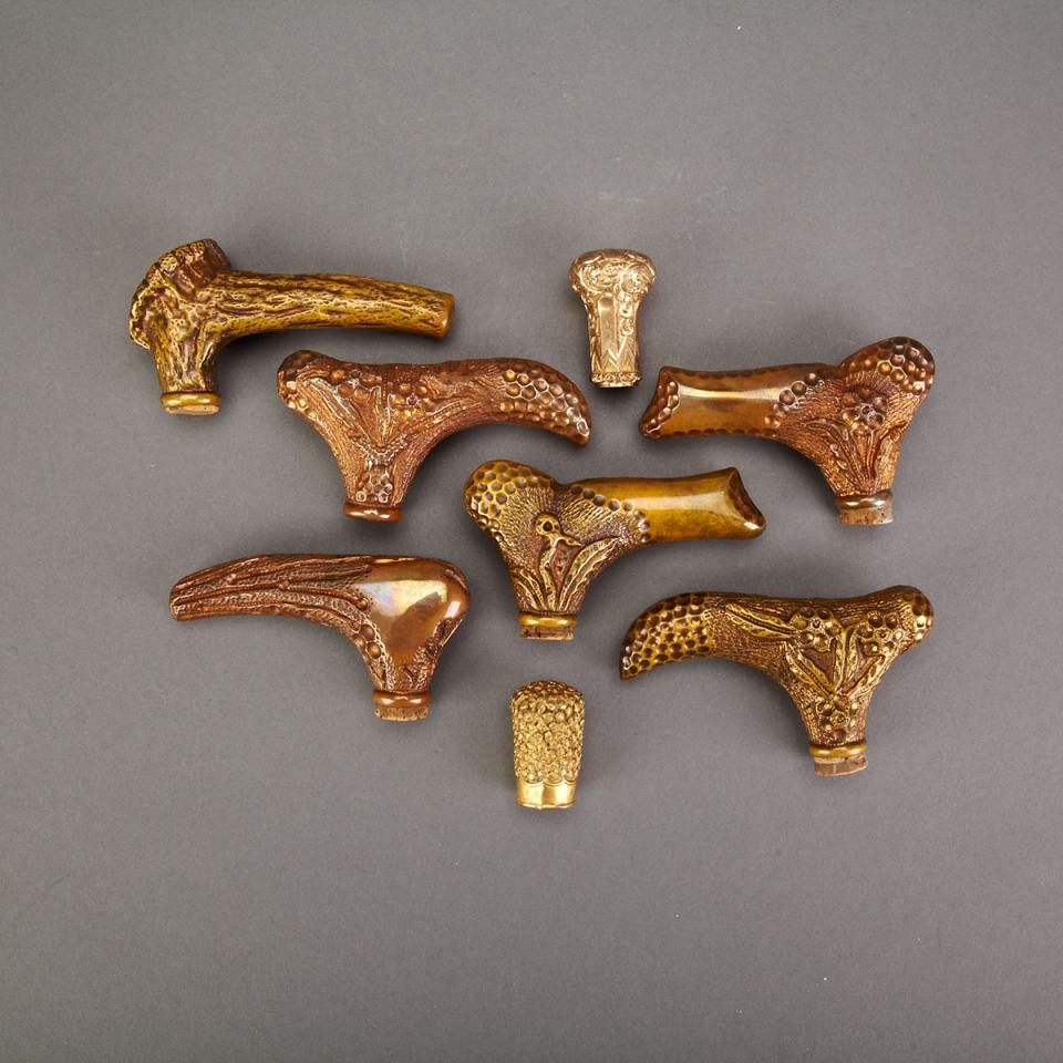 Group of Eight Gilt Metal Cane and Walking Stick Handles, c.1890