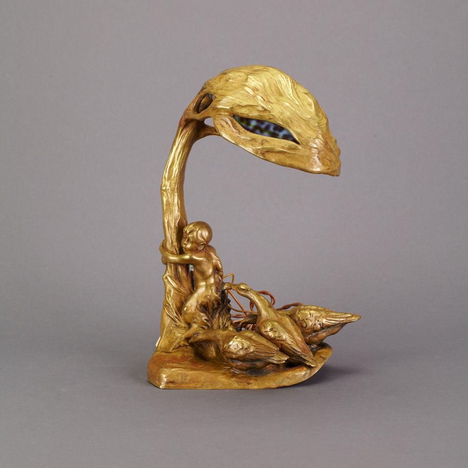 Austrian Gilt Bronze Table Lamp, Friedrich Gornik (1877-1943), early 20th century