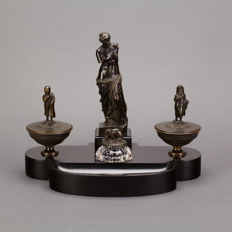 French Neo-Grec Patinated Bronze and Marble Desk Stand, c.1870