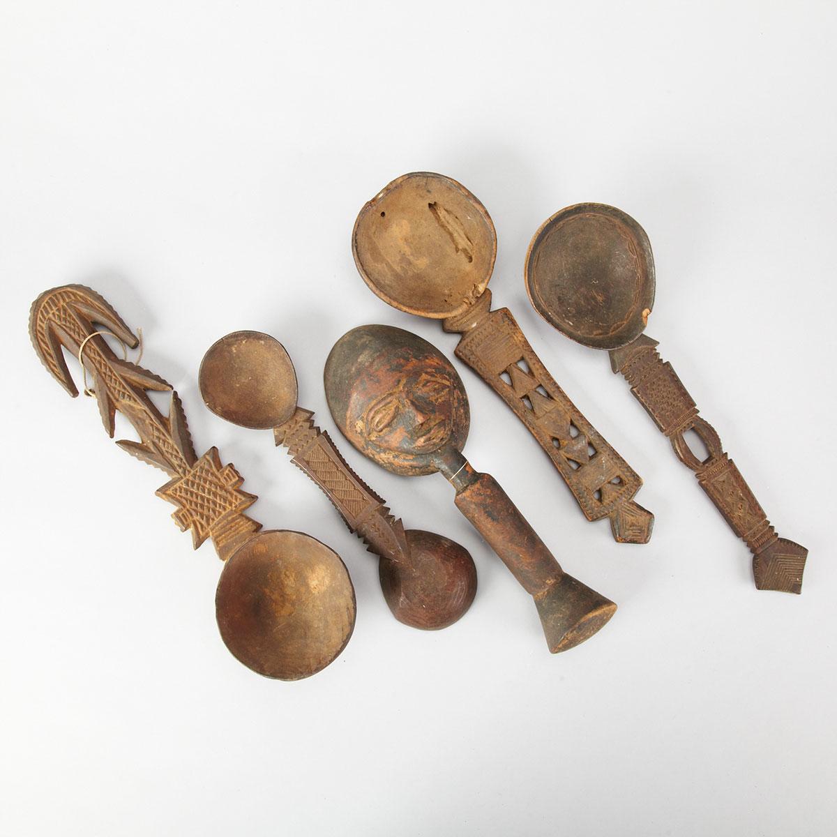 Group of Five Carved African Spoons