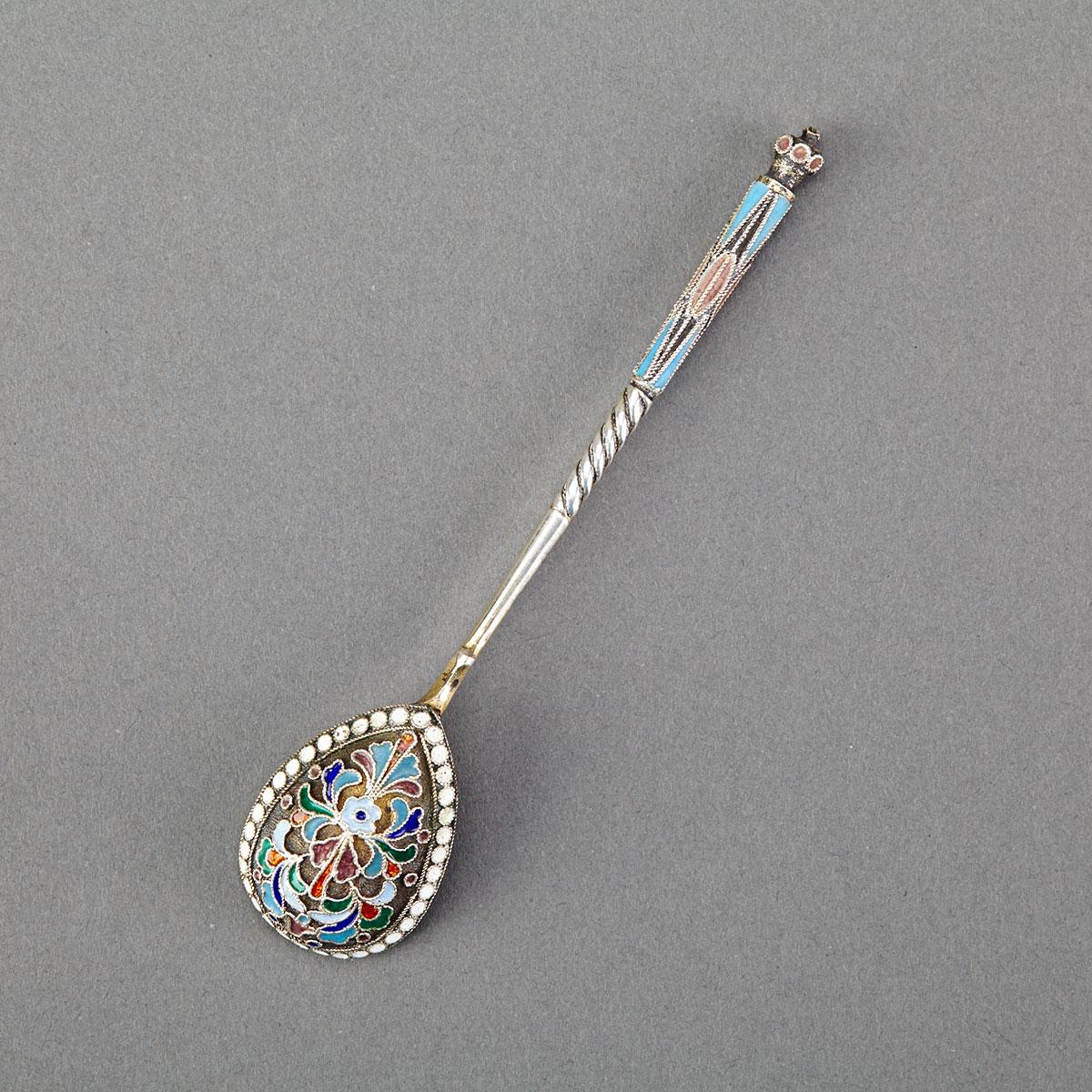 Russian Silver and Cloisonné Enamel Spoon, Moscow, c.1908-17