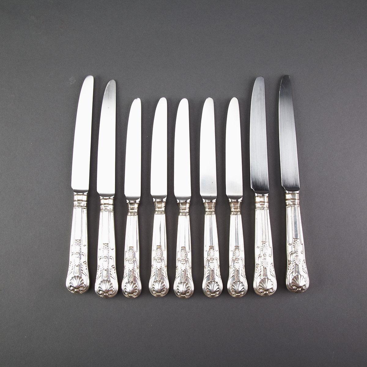 Four Edwardian Silver Handled Kings Pattern Dinner Knives and Five Luncheon Knives, Elkington & Co., Birmingham, 1902/03
