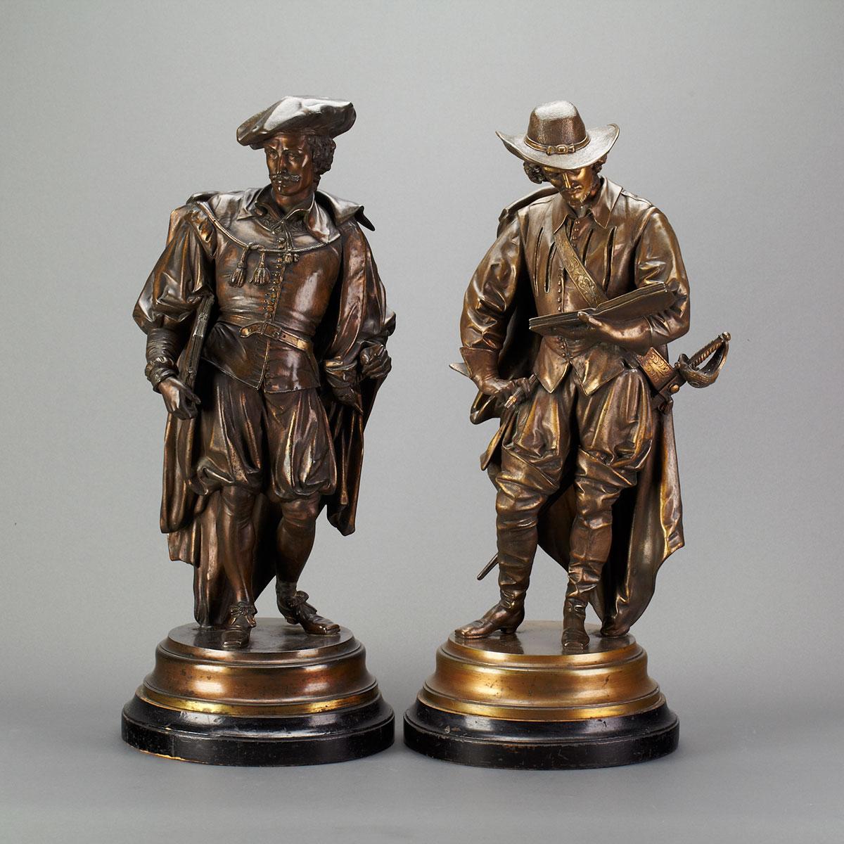 Pair of Large Victorian Patinated White Metal Figures of Renaissance Explorers, 19th century