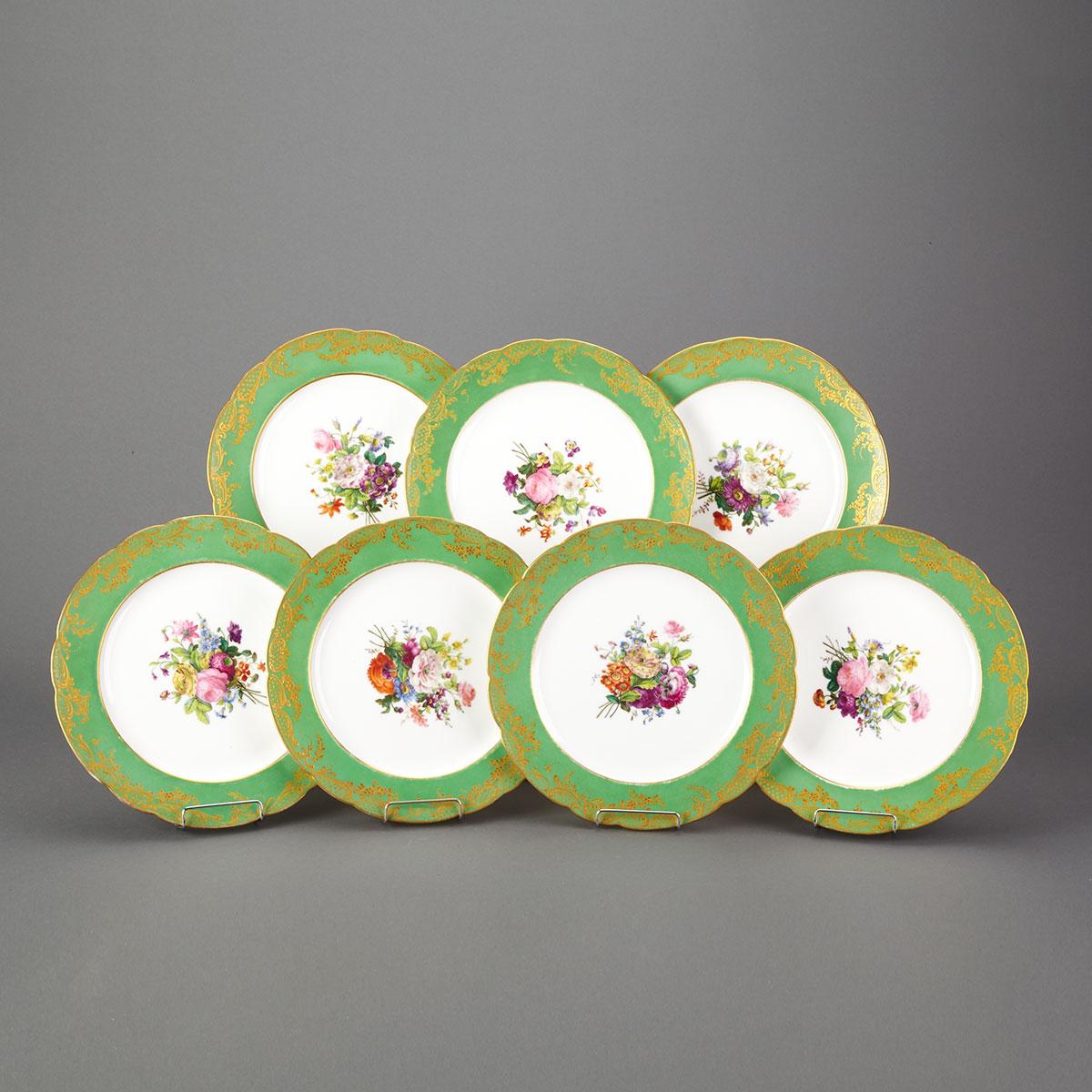 Seven Feuillet, Paris Porcelain Apple Green and Gilt Banded Plates, mid-19th century