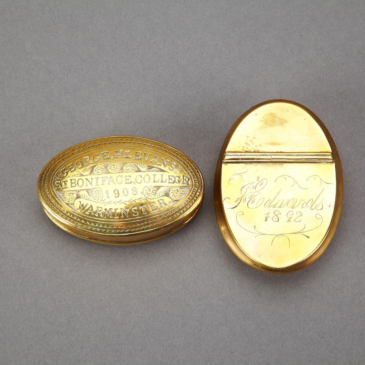 Two Welsh Miner’s Brass Tobacco or Snuff Boxes, 1892 & 1908