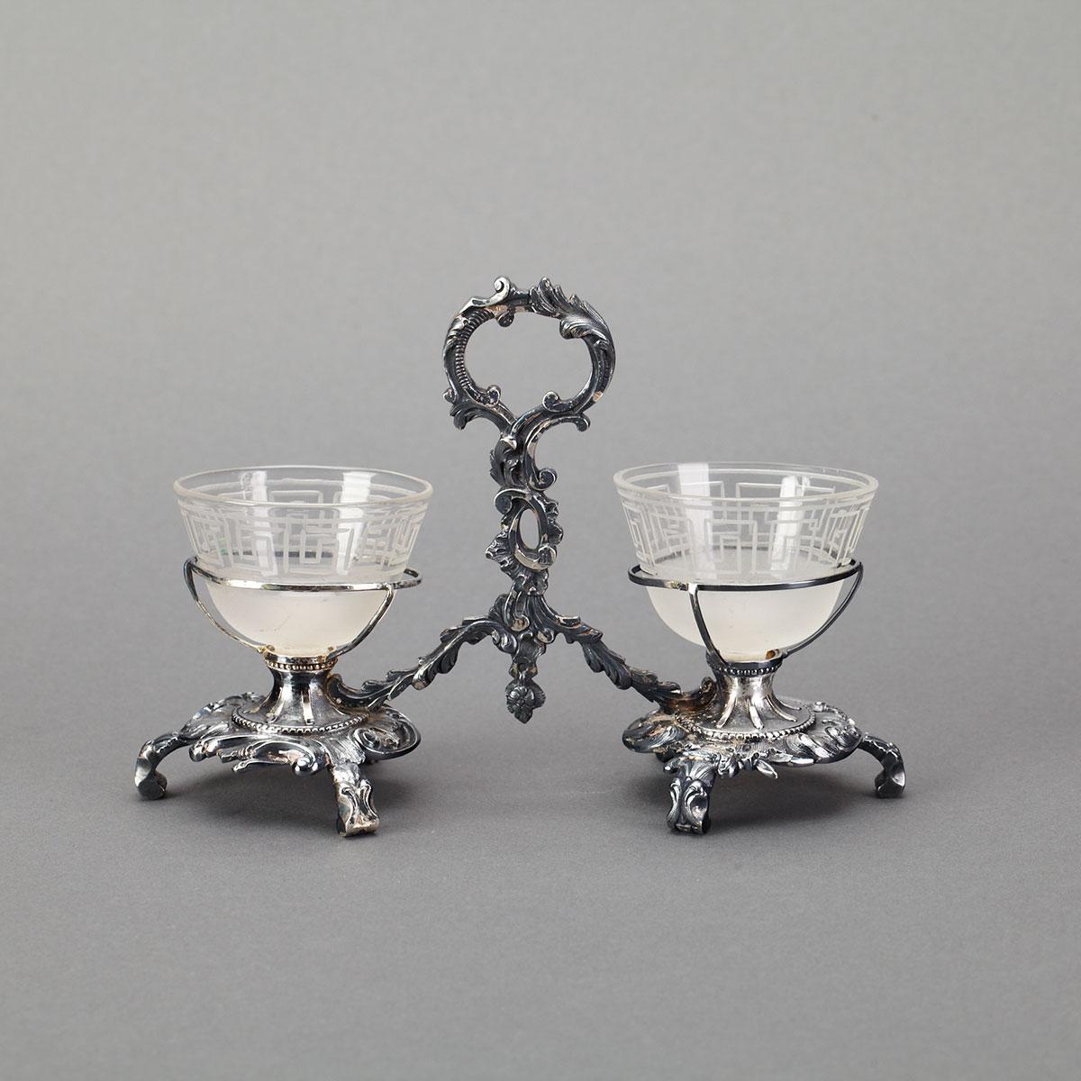 French Silver and Etched Glass Double Salt Cellar, 19th century
