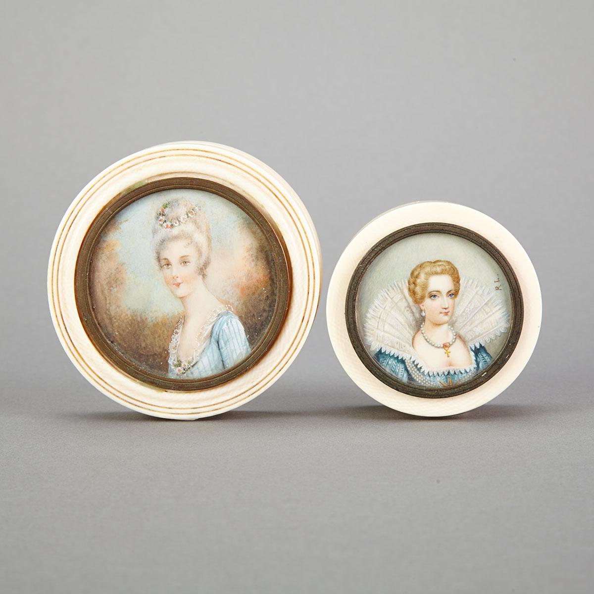 Two French Ivory Portrait Miniature Patch Boxes, early 20th century