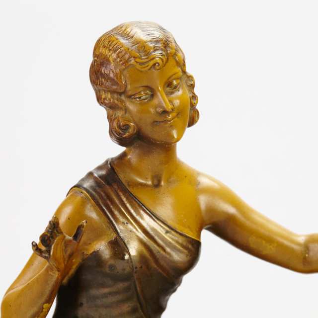 French Art Deco Patinated Metal and Onyx Figural Mantle Group, c.1925