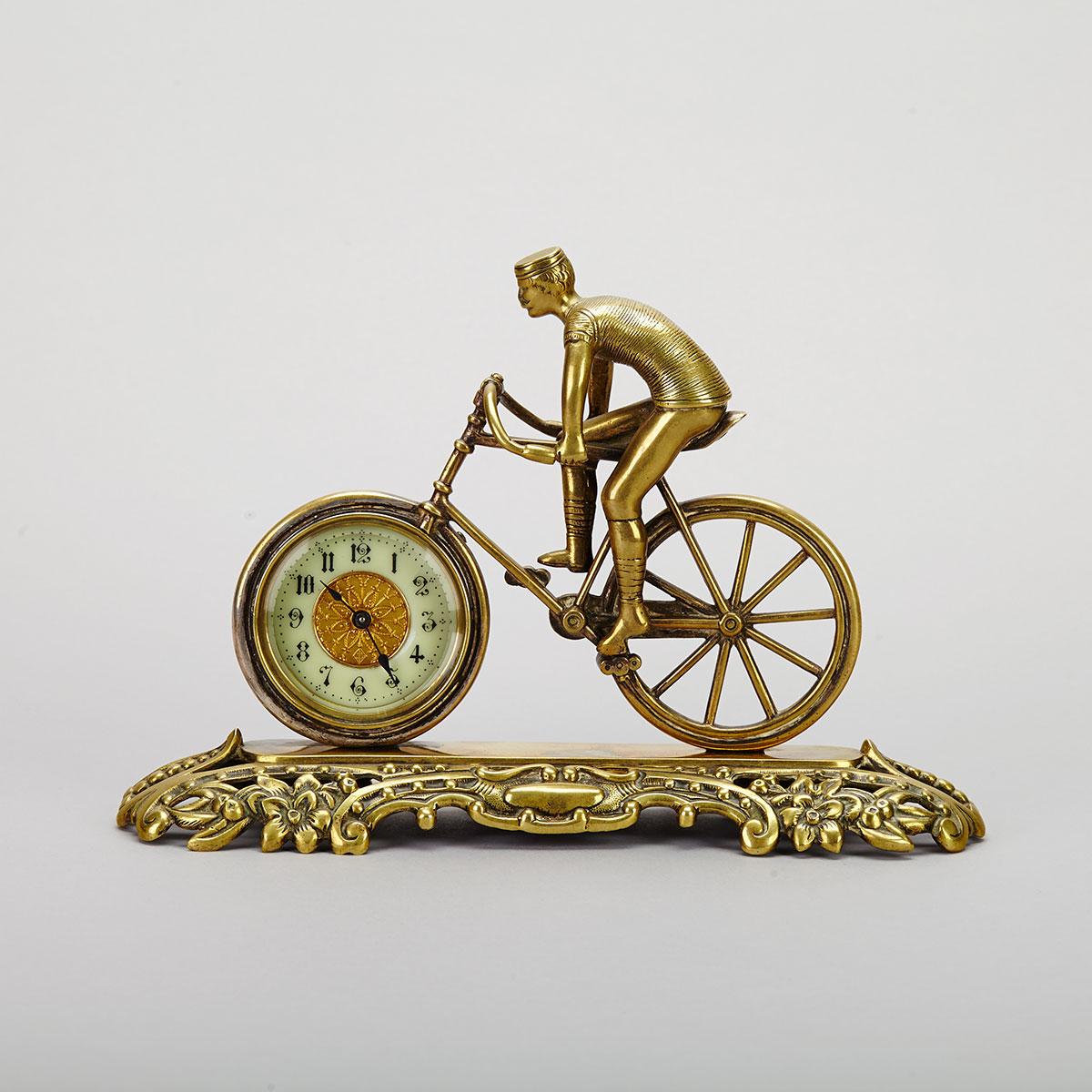 British United Clock Co. Brass Bicycle and Rider Form Novelty Desk Clock, 19th century