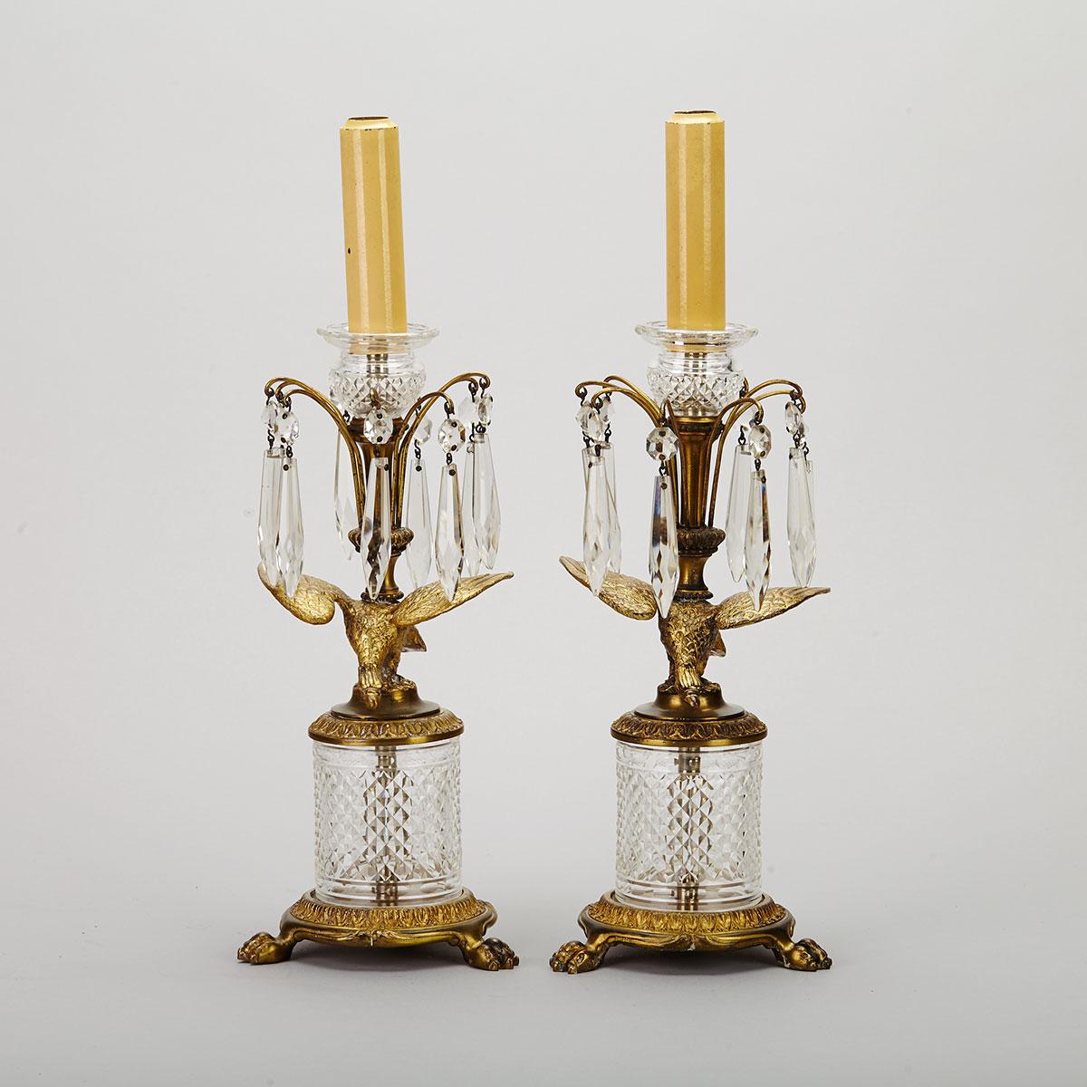 Pair of English Regency Style Cut Glass Mounted Gilt Bronze Lustres, mid 20th century