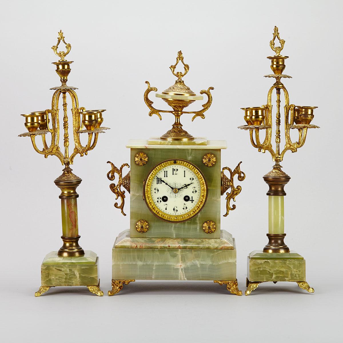Napoleon III Ormolu Mounted Green Onyx Three Piece Clock Garniture, c.1880