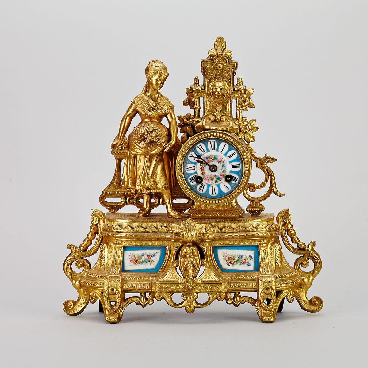 French Louis XVI Style Sevres Porcelain Mounted Gilt Metal FIgural Mantle Clock, 19th century