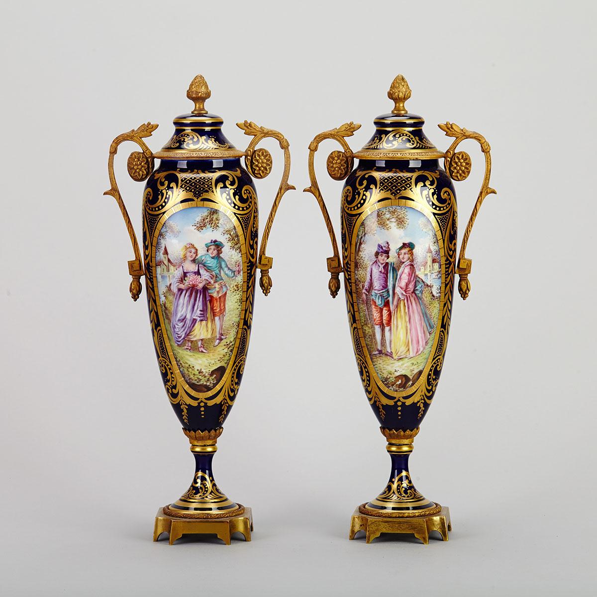 Pair of Ormolu Mounted ‘Sèvres’ Mantle Urns, early 20th century
