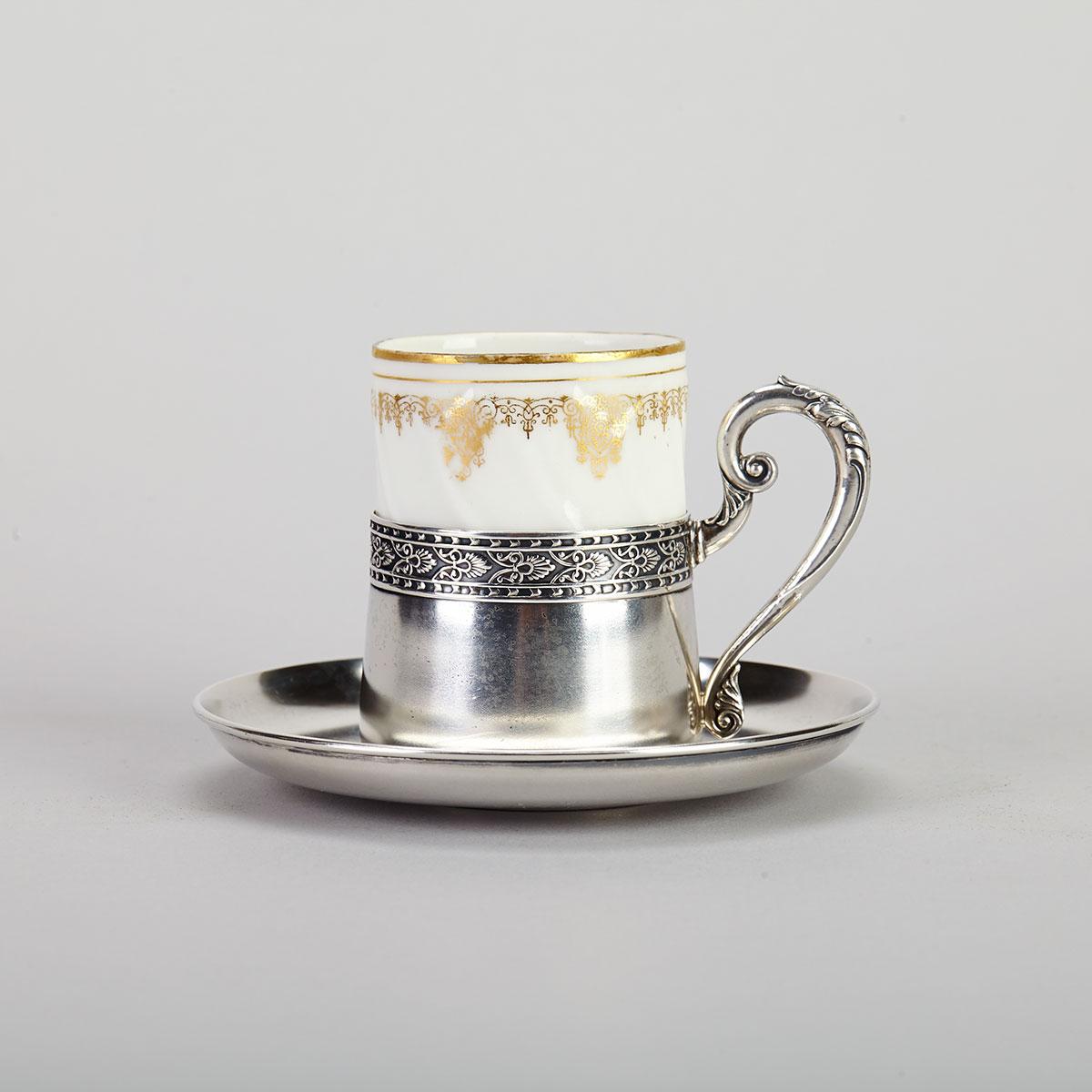 Russian Silver Mounted Kuznetsov Cup and Saucer, Moscow, 1908-17