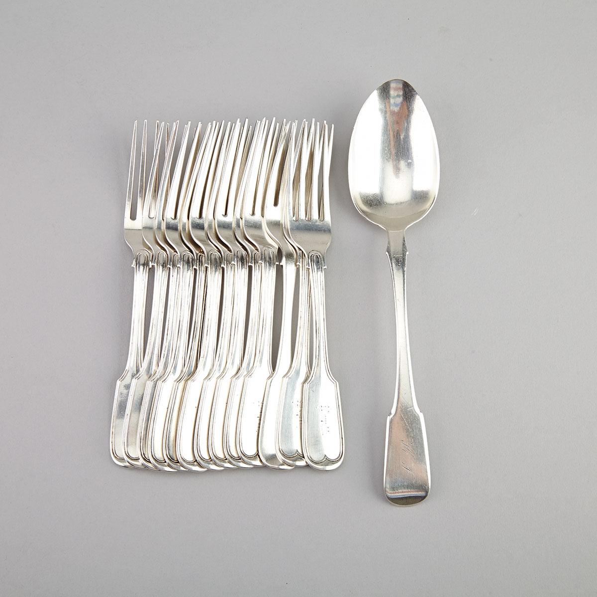 Twelve Canadian Silver Fiddle and Thread Pattern Dessert Forks, Savage & Lyman, together with a Fiddle Pattern Dessert Fork, George Savage and a Table Spoon, Nelson Walker, Montreal, Que., mid-19th century
