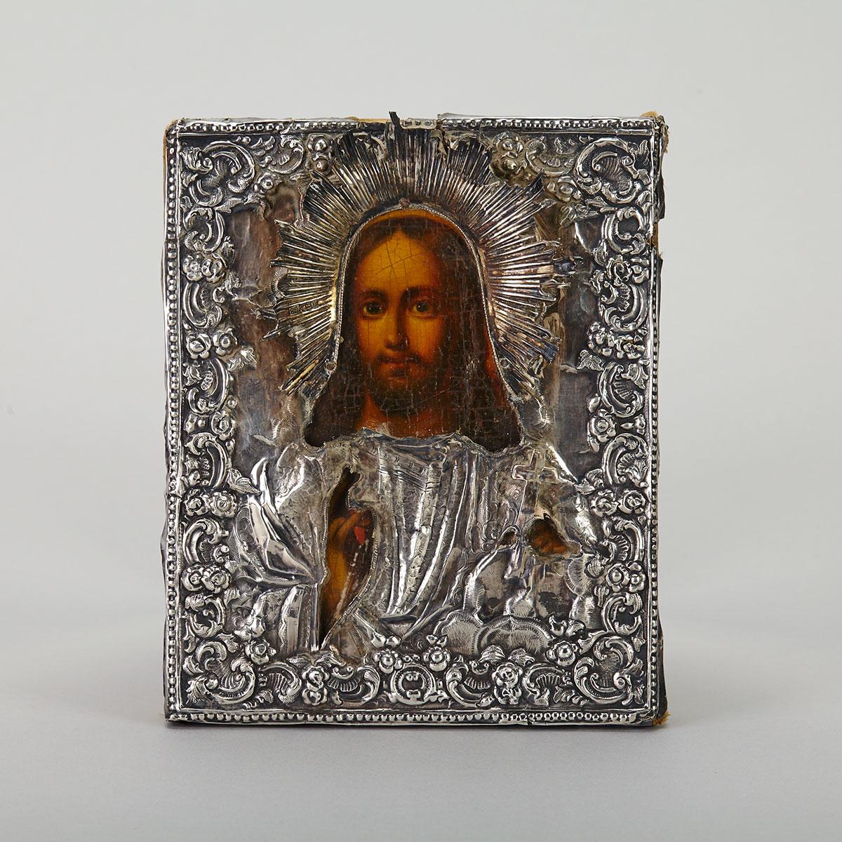 Russian Silver Mounted Painted  Icon of Christ Pantocrator, Pyetr Petrov, St. Petersburg, 1862