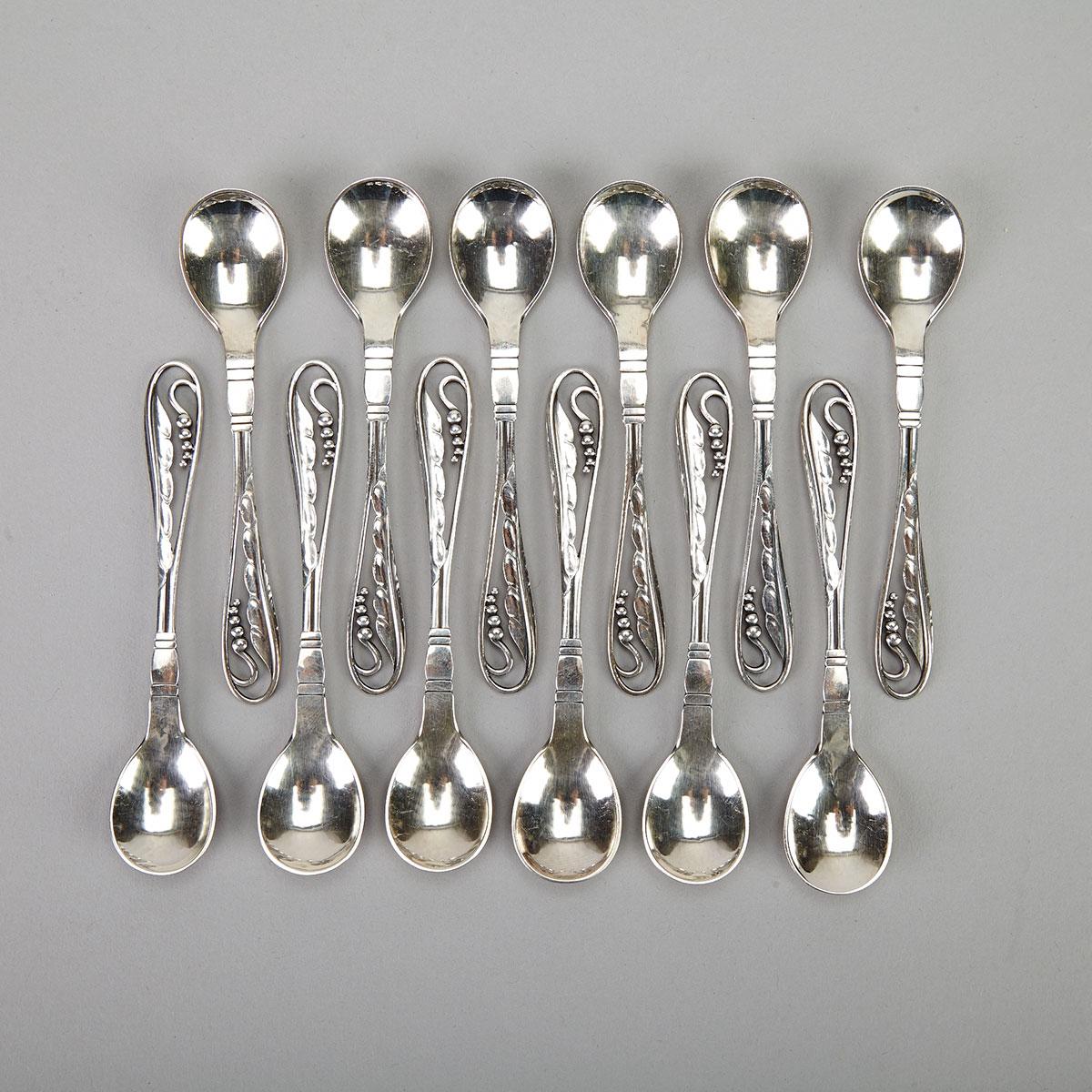 Twelve Danish Silver Coffee Spoons, #42, Georg Jensen, Copenhagen, c.1933-44