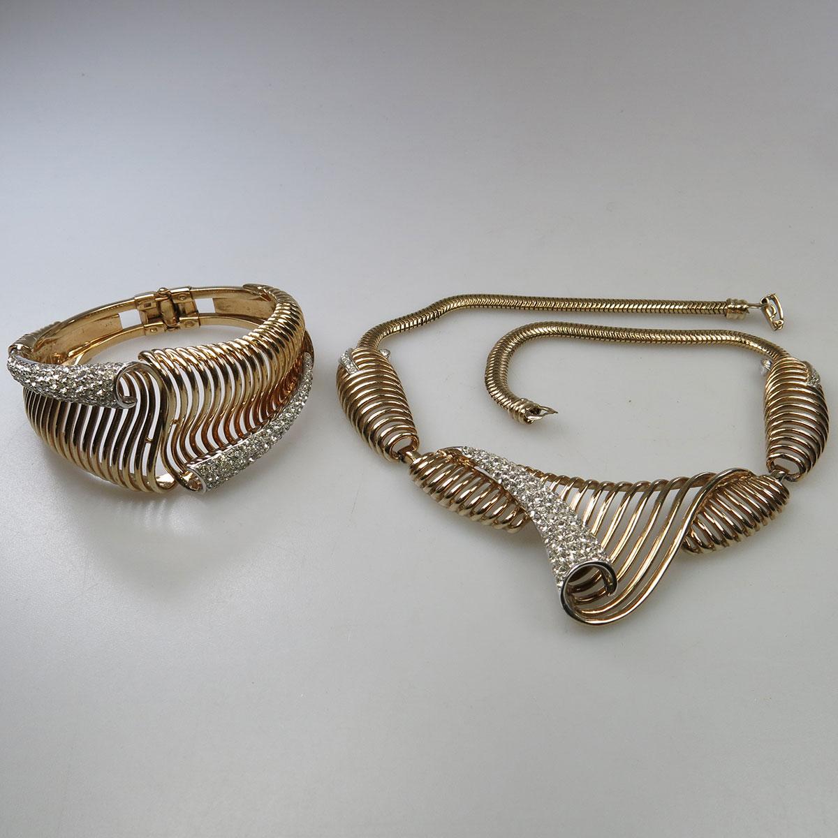 Boucher Gold Tone Metal Necklace And Matching Spring Hinged Bangle